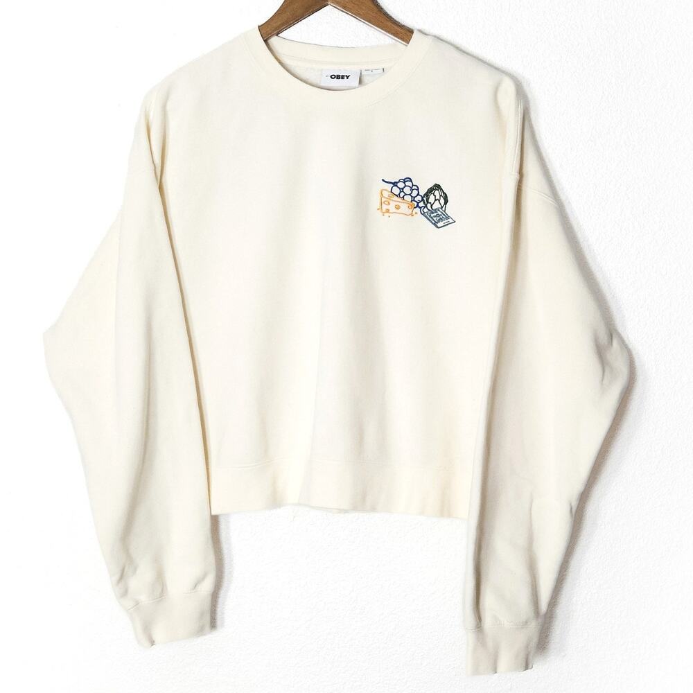 Obey Sweatshirt Size L Cream Embroidered Graphic Crewneck Pullover Top
